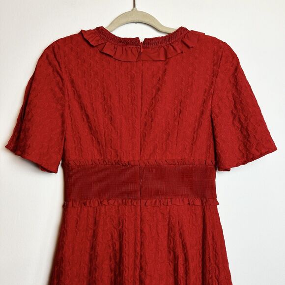 Finders Keepers Memento Dress Red Asymmetrical Ruffle Hem Embroidery Sz M - Picture 10 of 16